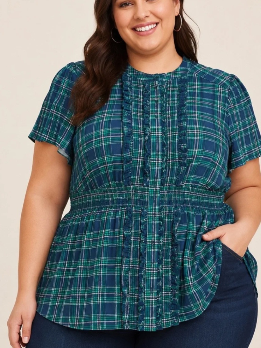torrid Blue and Green Plaid Short Sleeve Blouse